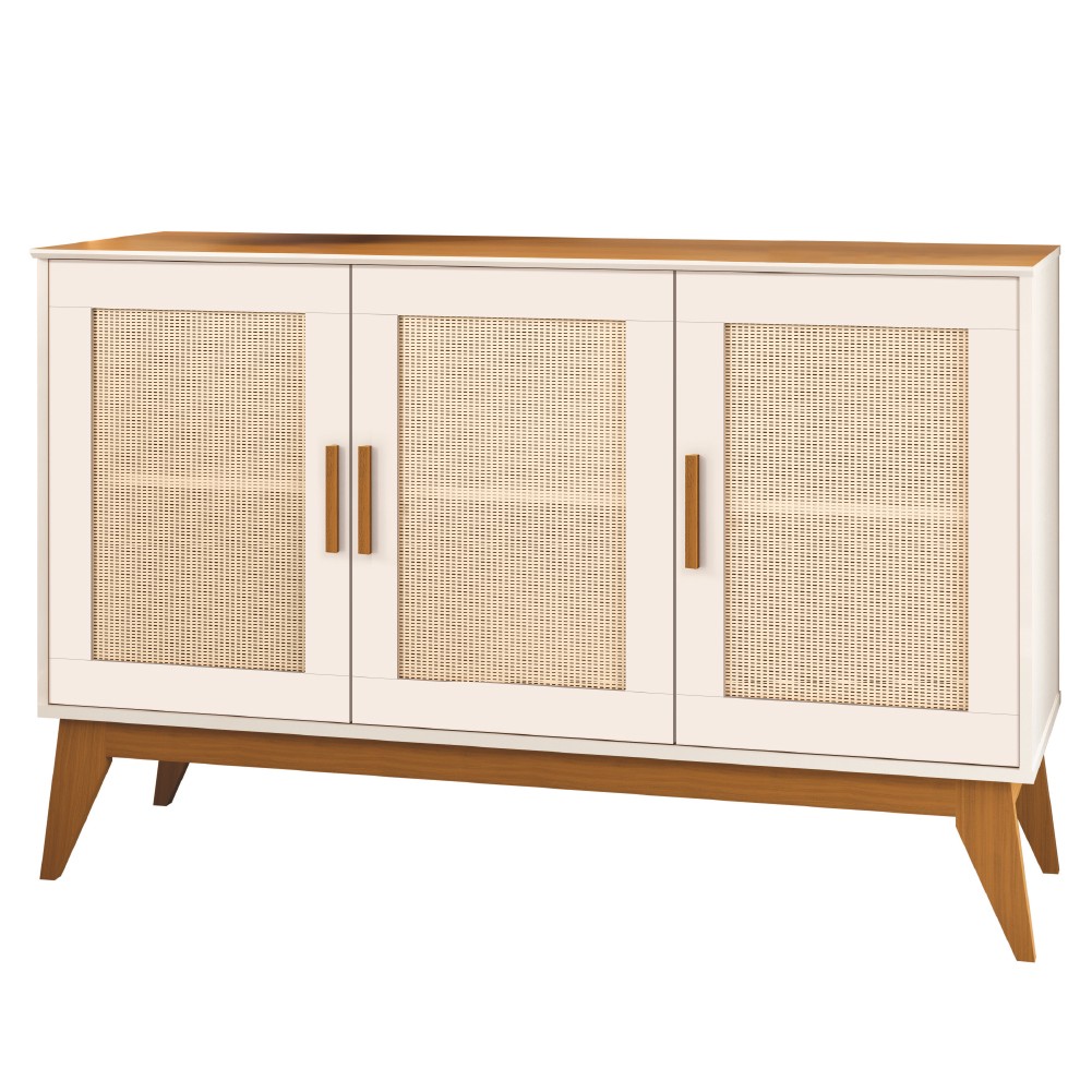 Balcão Buffet Aparador Retrô 3 Portas Rattan Andorra Madeirado / Off White EDN em Oferta na Shopee