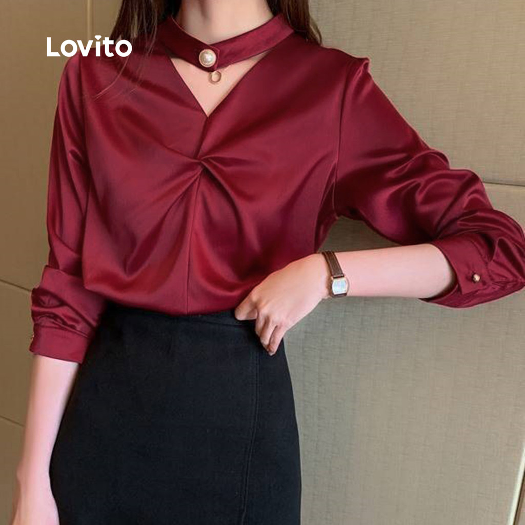Detalhes do Lovito Blusa Torcida Sofisticada para Mulheres Outono Inverno Claret L158AD134