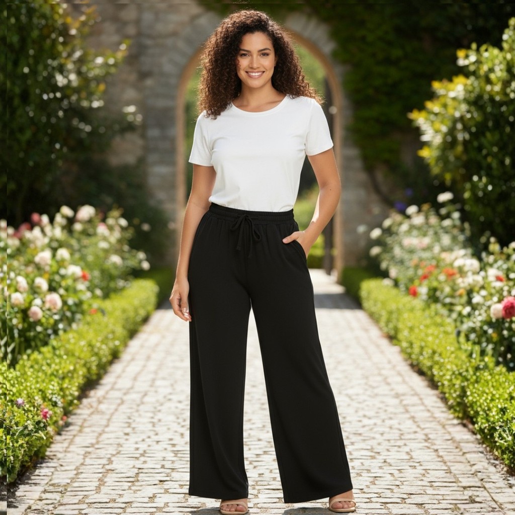 Calça Duna Feminina Plus Size Pantalona Cintura Alta Ajustável Lisa Social Modelagem Reta