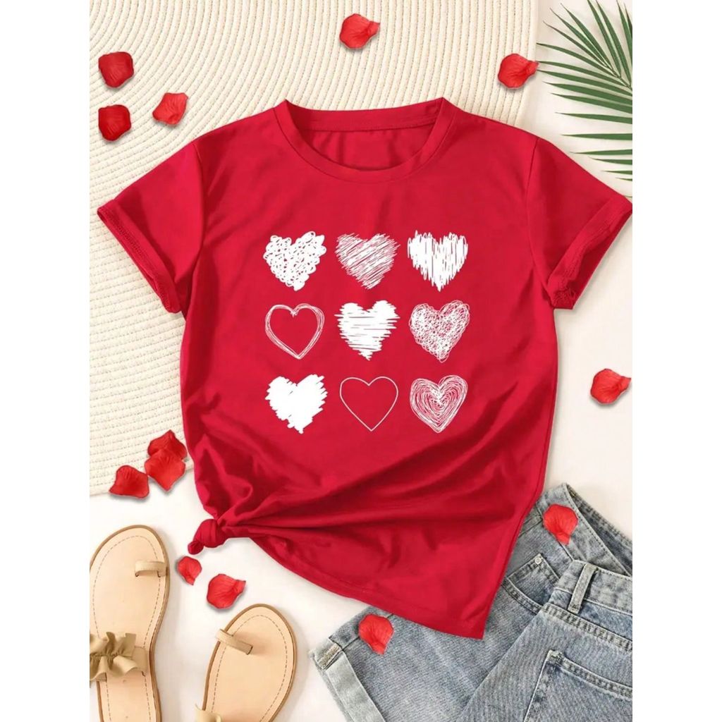 T-Shirt Feminina Delicada Corações Moda Casual Estampa Alegre Algodão