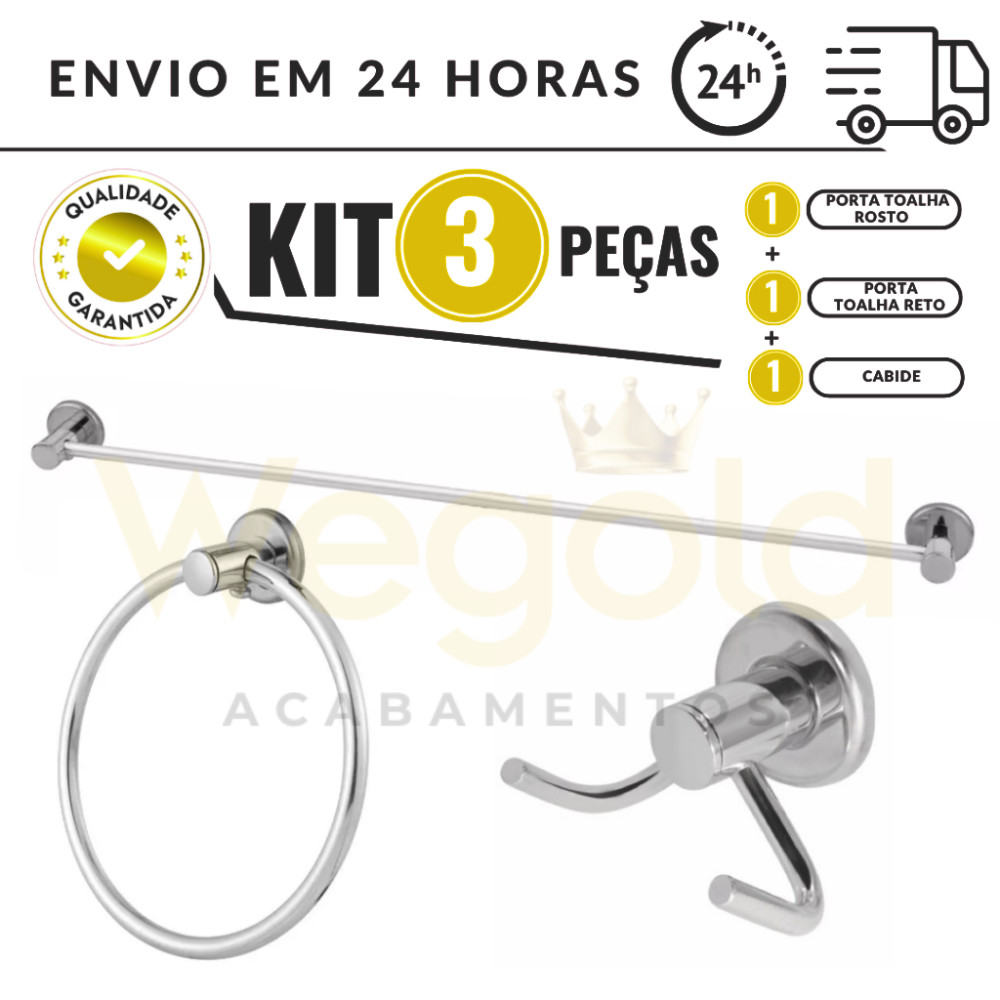 Kit 3 peças  Acessórios  Para Banheiro Porta toalha Reto  45cm  Porta Argola e Cabide 2 Ganchos em Oferta na Shopee