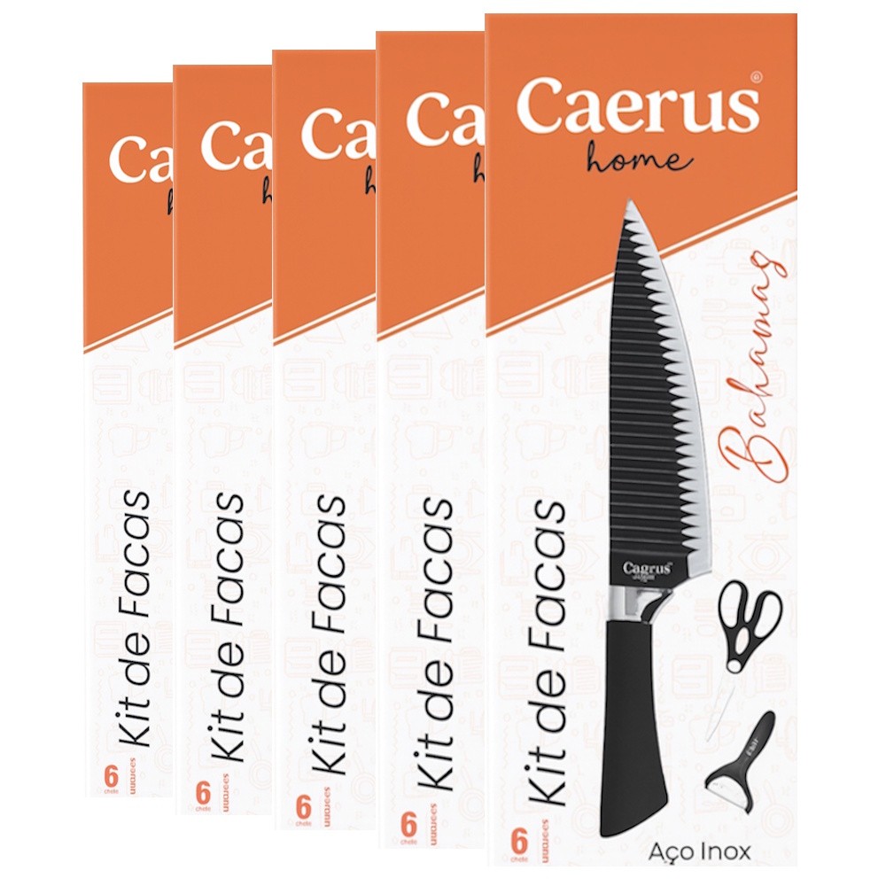 5 Kits De Facas Bahamas Caerus Home 6 Peças Cada Aço Inox Cabo Ergonômico Com Tesoura e Descascador