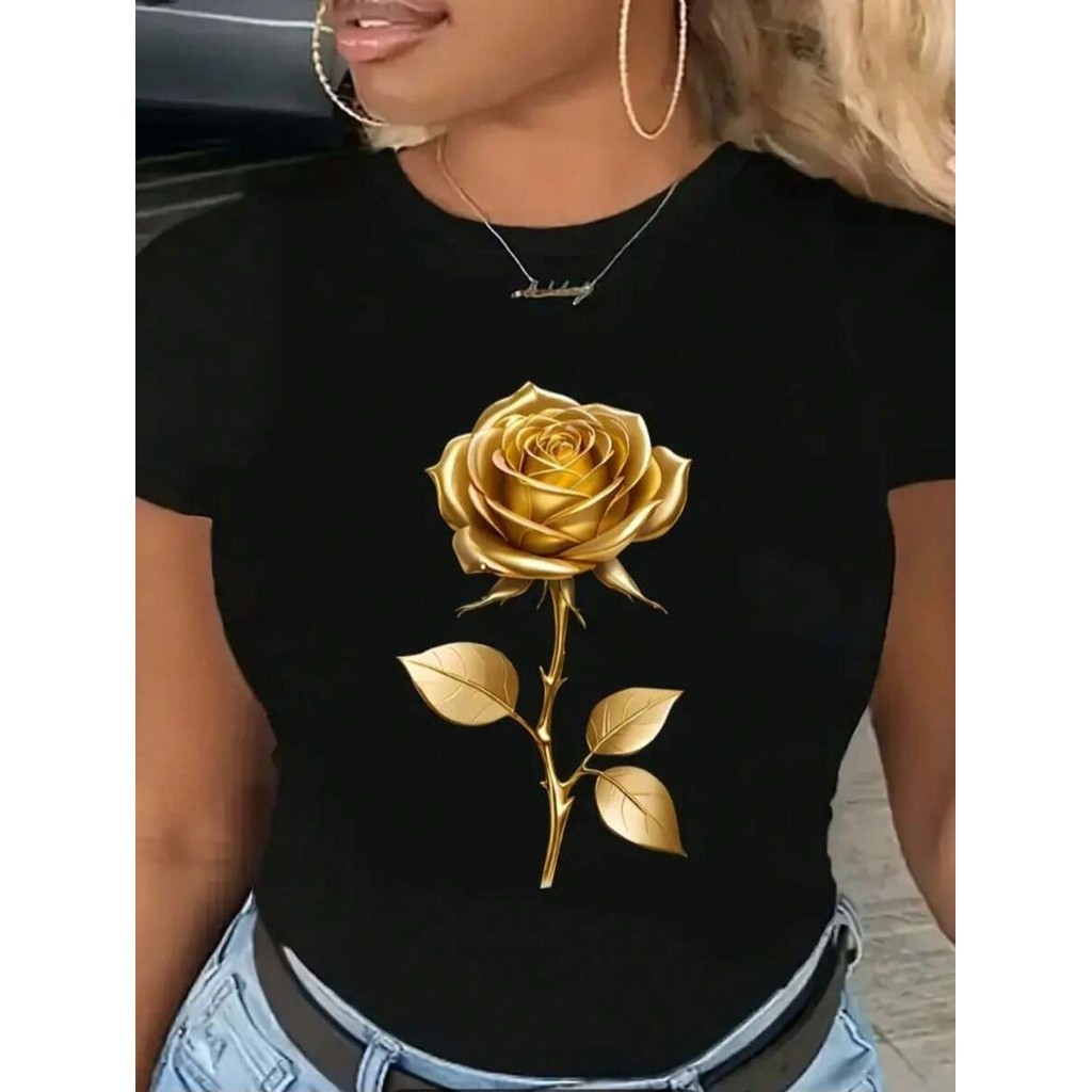 Camiseta Feminina Estampa Rosa Dourada Malha 100% Algodão Confortavel Estilosa