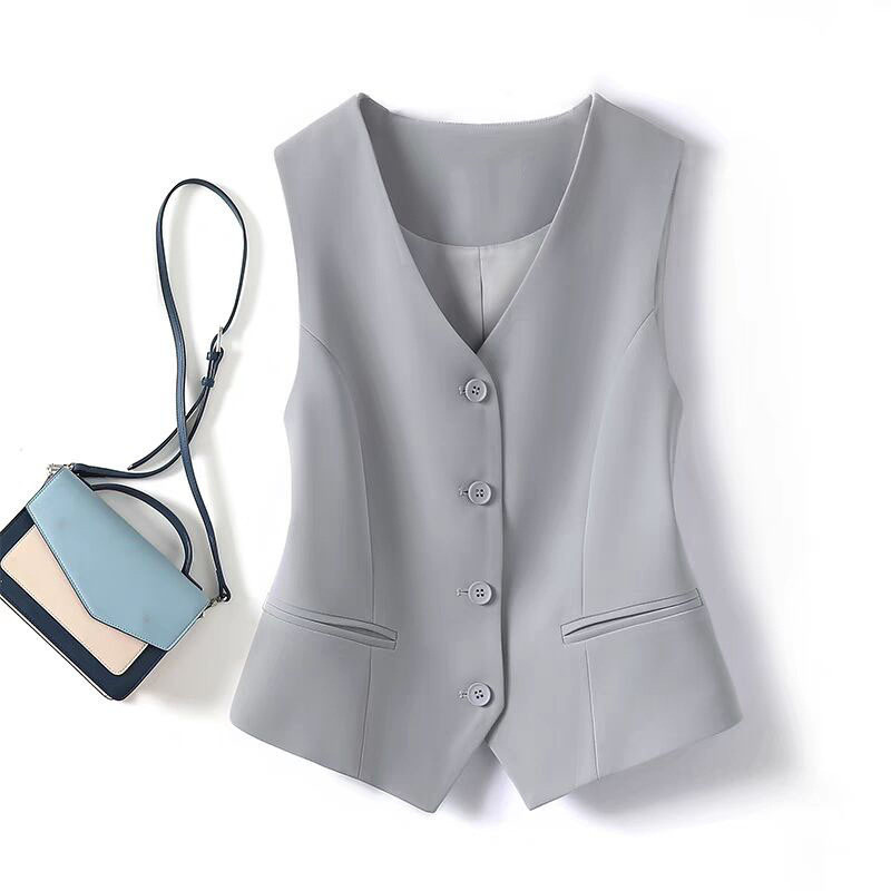 Terno colete feminino pequeno colete novo estilo fino-ajuste exterior em camadas colete feminino cinza colete curto