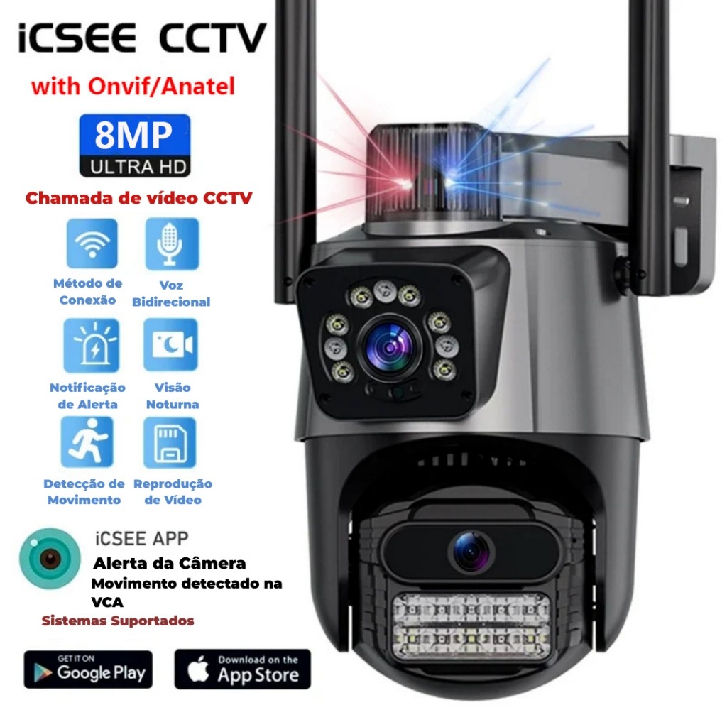 JL PROTEC 4K 8MP Câmera de Segurança 2 Lentes Com Audio e Microfone Câmera 360 Graus Wifi