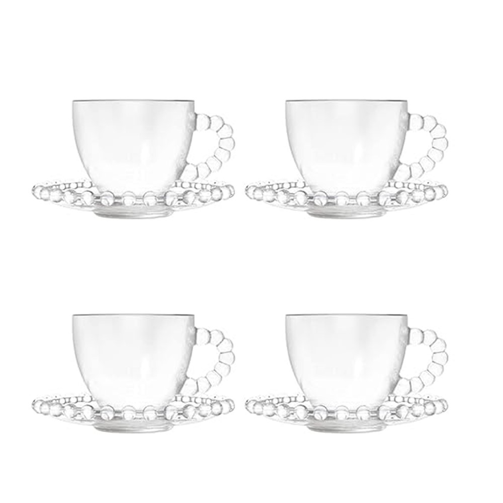 Jogo 4 Xícara de Café com Pires em Cristal Coração Cor Transparente Lyor 80ml