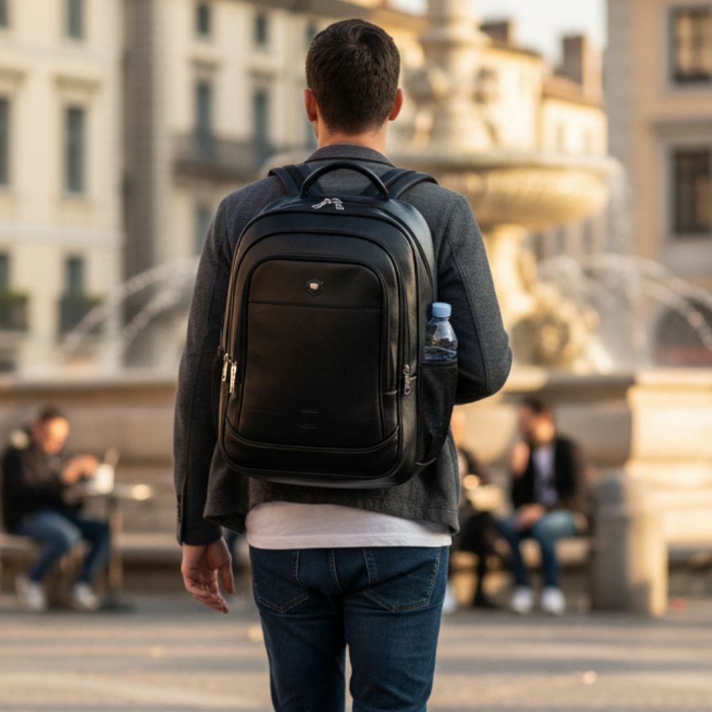 Mochila De Couro Grande Impermeável Trabalho Faculdade Preta