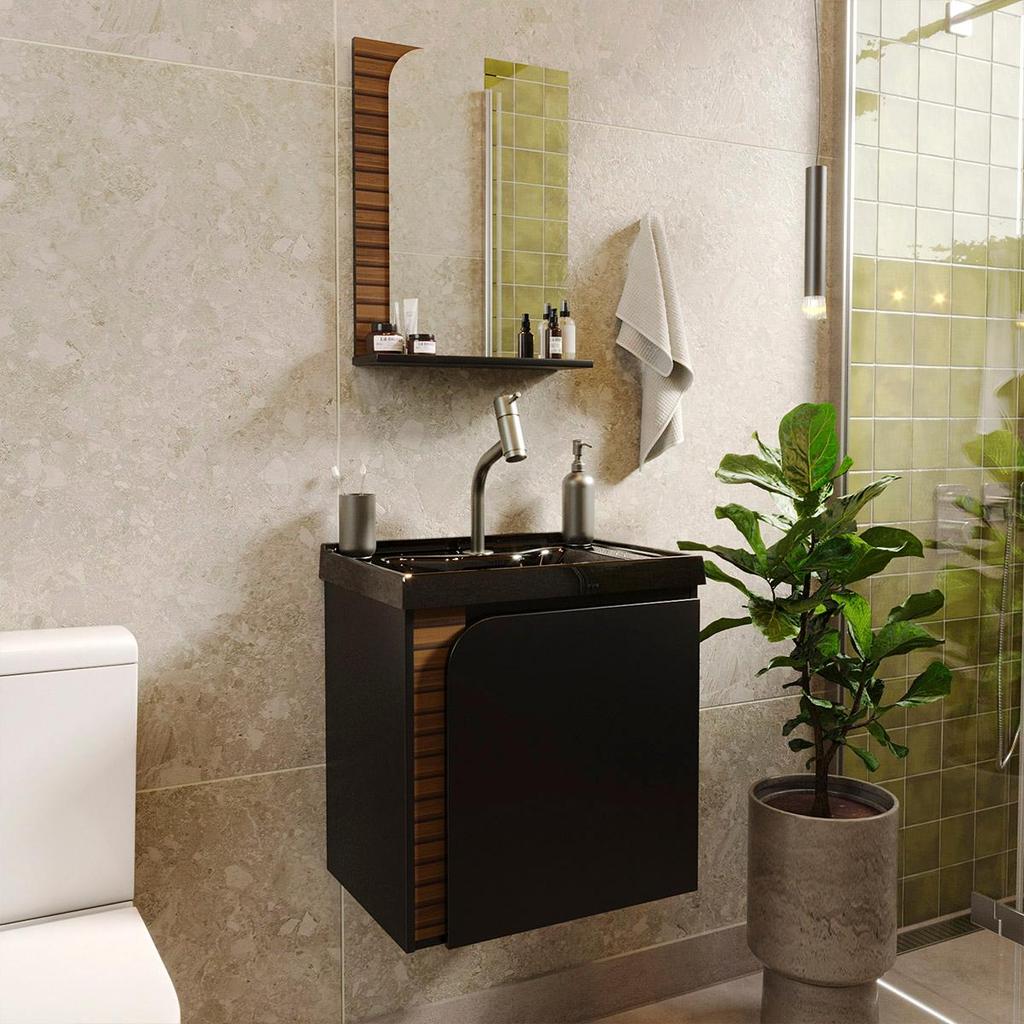 Gabinete Banheiro Lirio com 1 Porta Espelheira e Cuba Preta