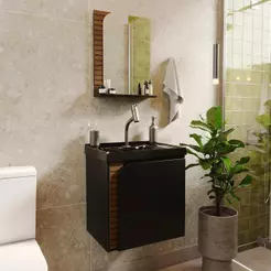 Gabinete Banheiro Lirio com 1 Porta Espelheira e Cuba Preta
