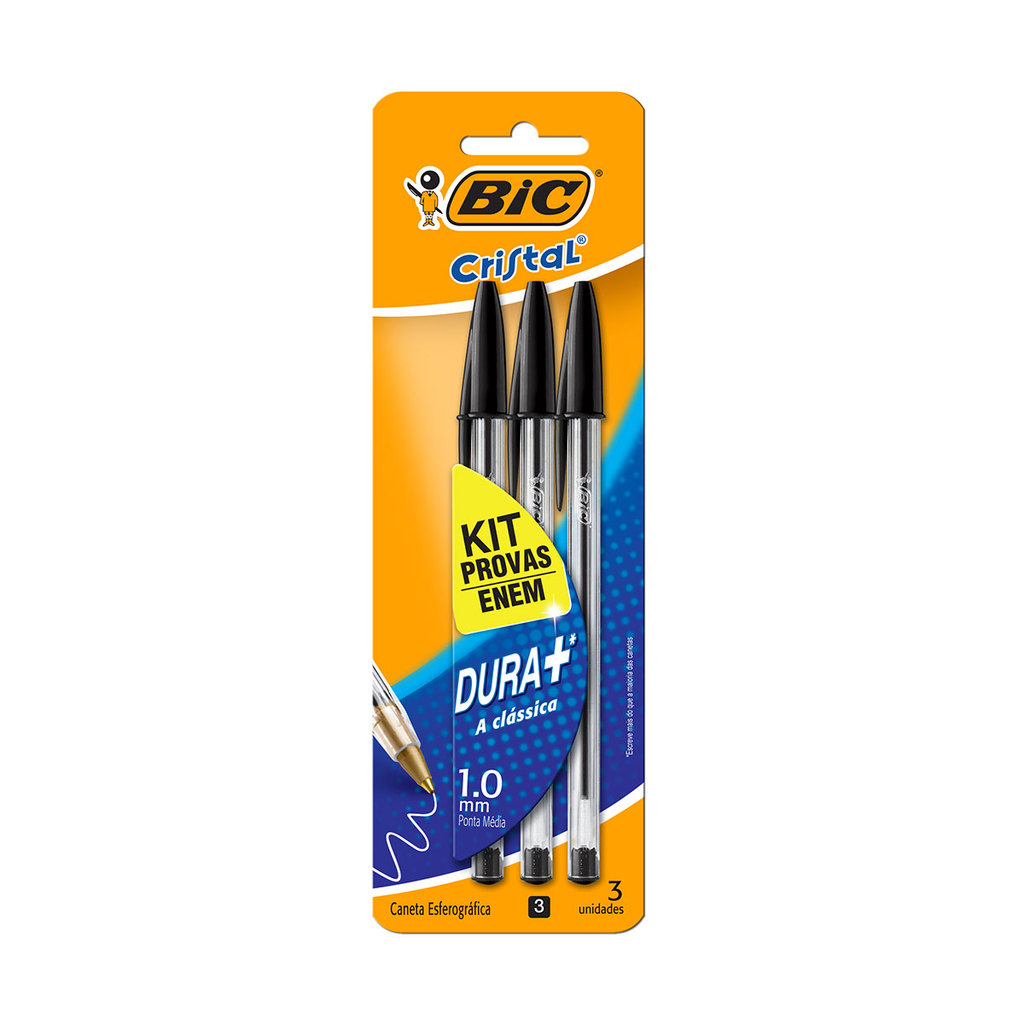 Caneta esferográfica Cristal 1.0 Preta com 3 unidades Kit Enem Bic