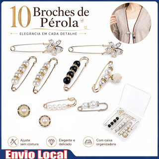 Kit 10 Broches de Pérola Feminino Alfinete Decorativo para Lenço Xale Blusa e Roupa