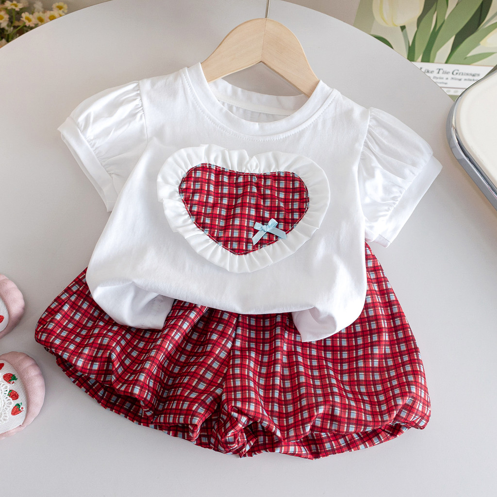 Meninas terno de verão bebê moda manga curta camiseta moda Bud calças de duas peças versão coreana roupas infantis verão