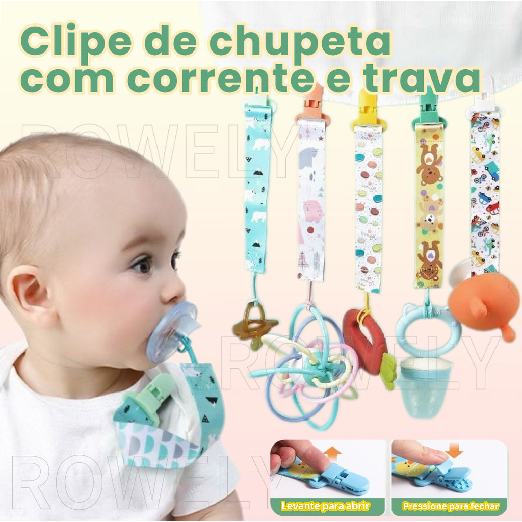 Prendedor de Chupeta para Bebês com Clipe Antiderrapante e Fita Resistente