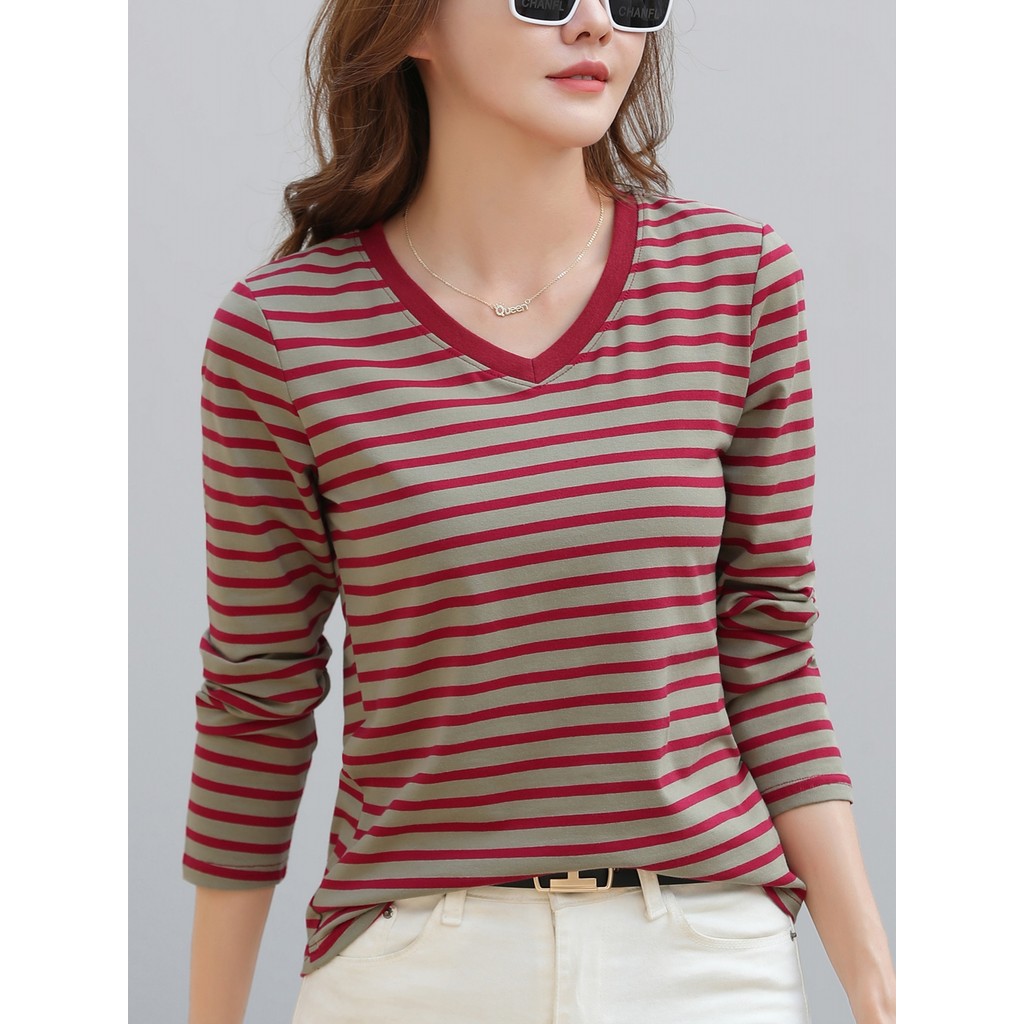 Algodão puro listrado com decote em v manga comprida camiseta feminina exterior Wear 2026 novo estilo primavera outono s