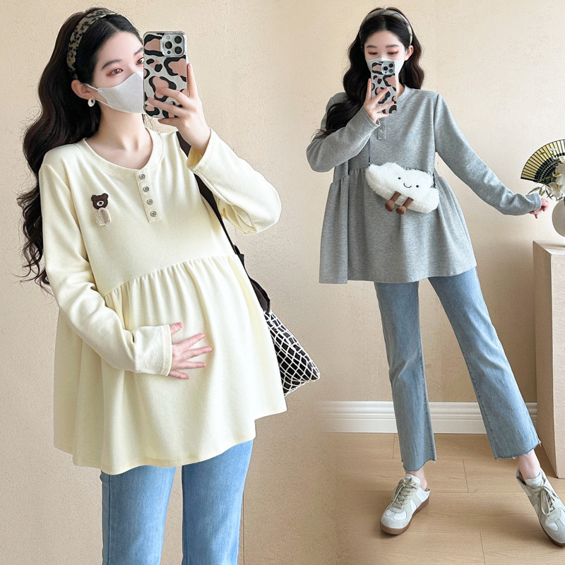 Maternidade topo primavera outono estilo ocidental capa barriga grávida manga comprida camiseta primavera puro algodão s