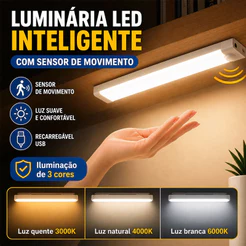 Smart Luminária Inteligente Ultra LED com sensor de movimento sem fio e Recarregável USB fino barra 20/30/40cm