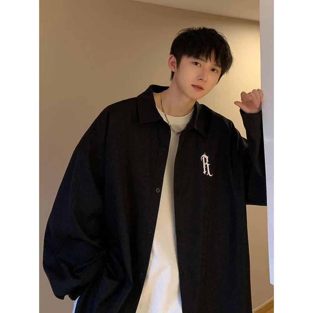 Moda masculina Ruffian bonito camisa masculina de manga comprida na moda influenciador cáqui adolescente camisa solta ja