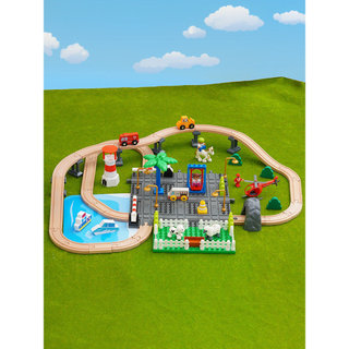 Le Cool Toys Conjunto de pista de trem infantil Blocos de construção Brinquedos de madeira Modelo de menino Scooter de c