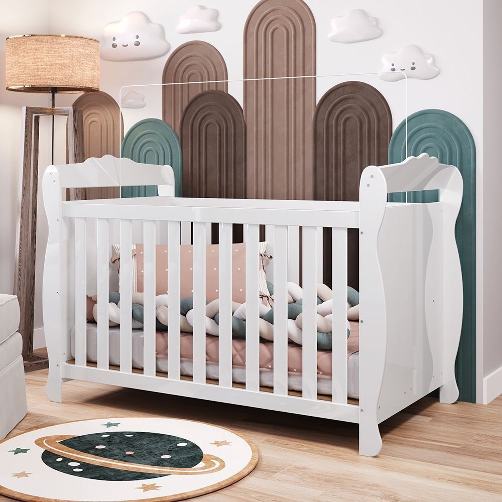 Berço Mini Cama 3 em 1 Americano 100% MDF Cocada Branco Branco Brilho