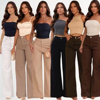 Calça Wide Leg Feminina Oversized  Sarja Cintura Alta Alfaiataria Conforto Elastano