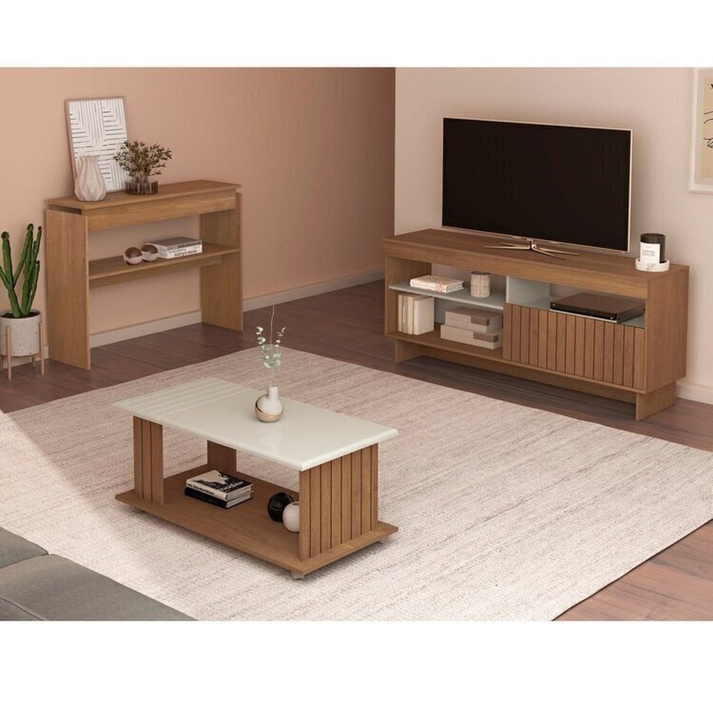 Kit para Sala de Estar Rack Ripado e Aparador e Mesa de Centro City Marrom
