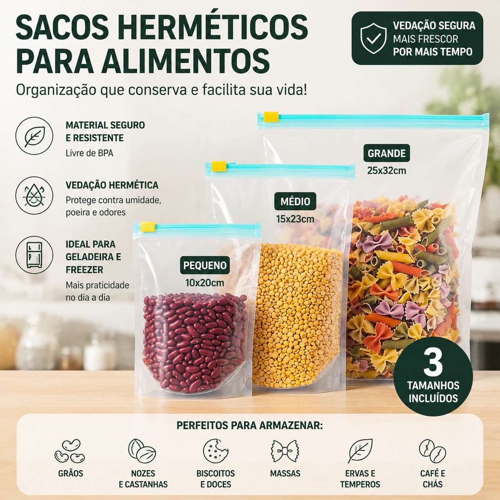 Kit 40 Sacos Reutilizáveis para Armazenar Alimentos Resistente para Congelador Cozinha Organização