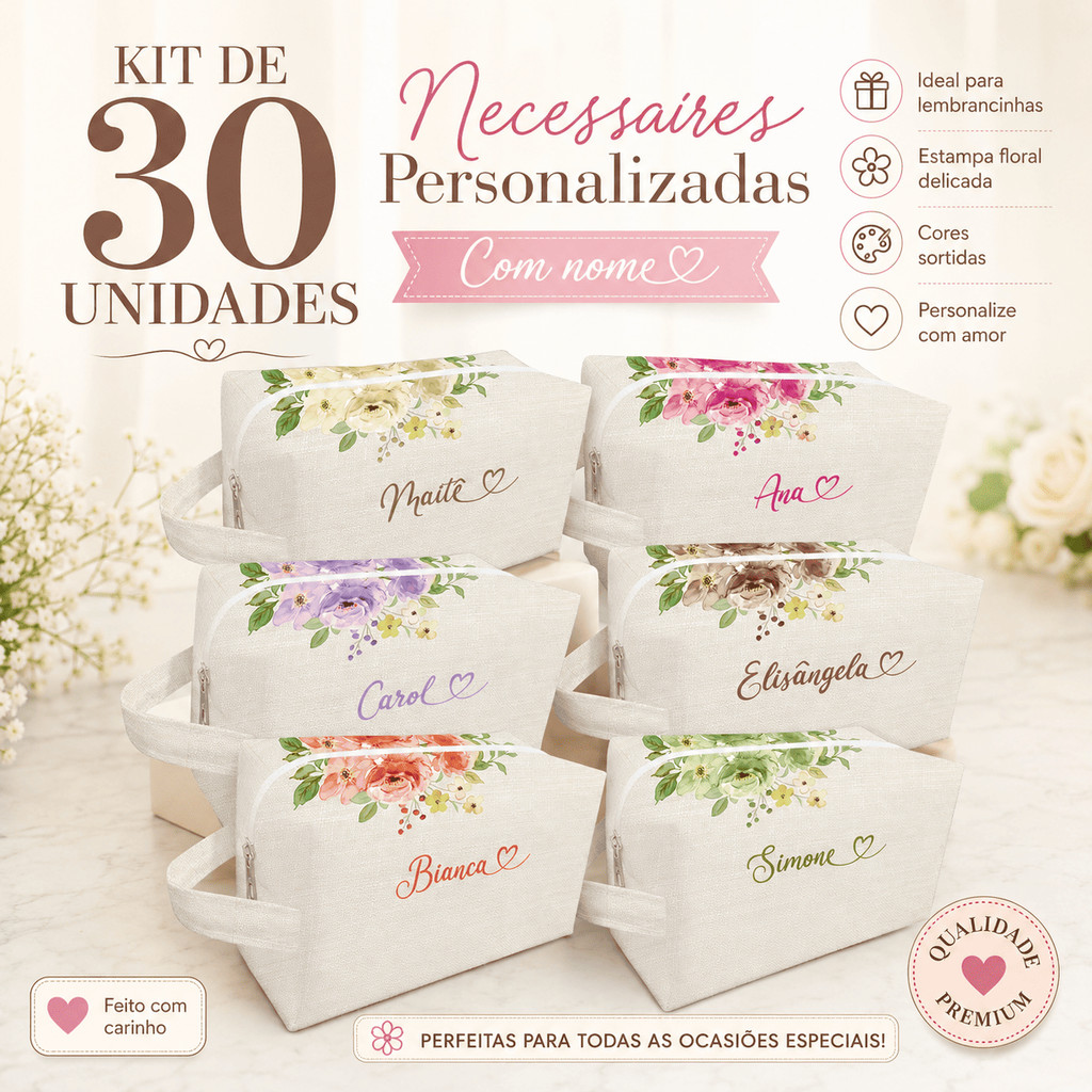 Kit 30 Necessaire Personalizada com Nome Casamento Madrinha Padrinho Debutante Aniversário 15 Anos Batizado Lembrancinha