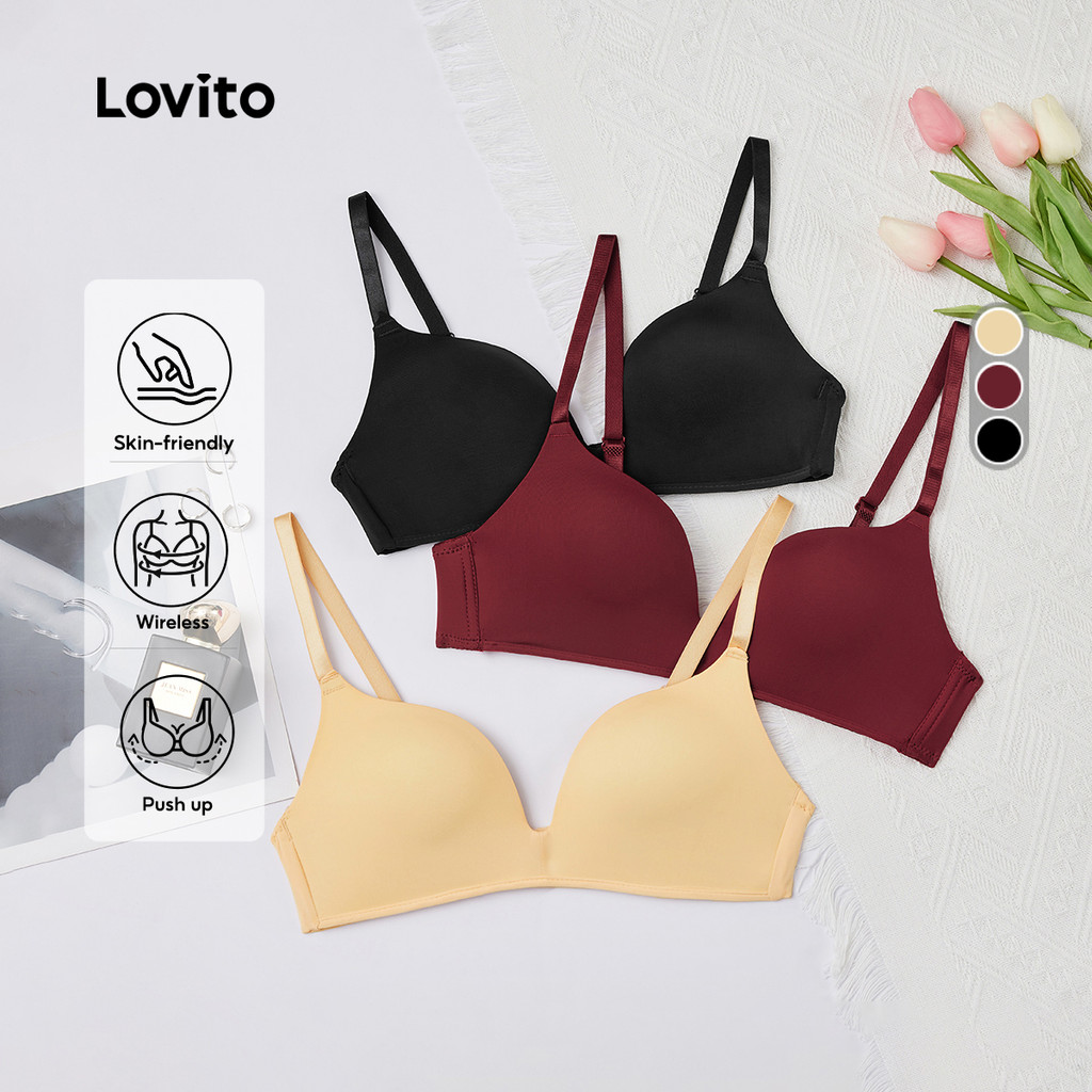Lovito Casual Sutiã Bralette Seamless Bra Respirável Sem Fio Push Up Copa Cheia Bojos Não Removíveis Feminino L233L079