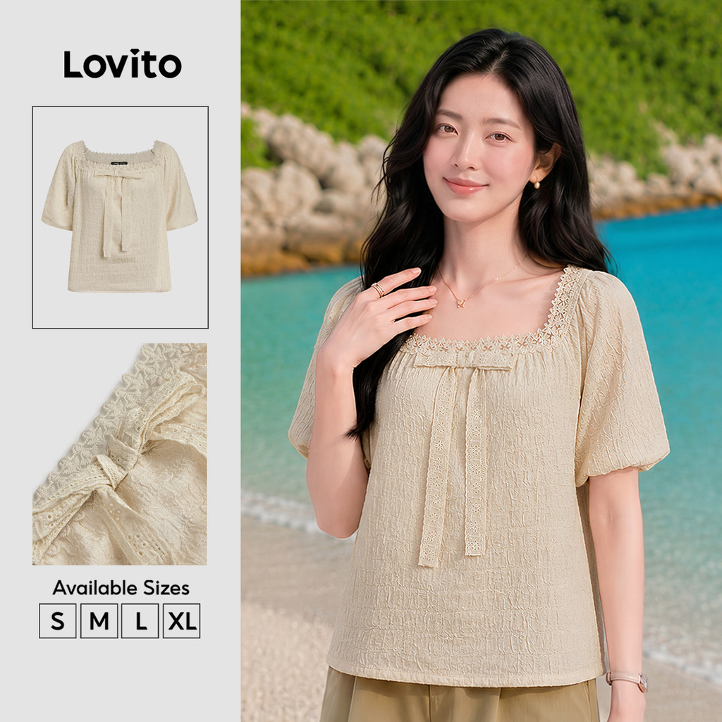 Lovito Férias Blusa Lisa Contraste Malha Renda Blusa Gola Quadrada Para Mulheres