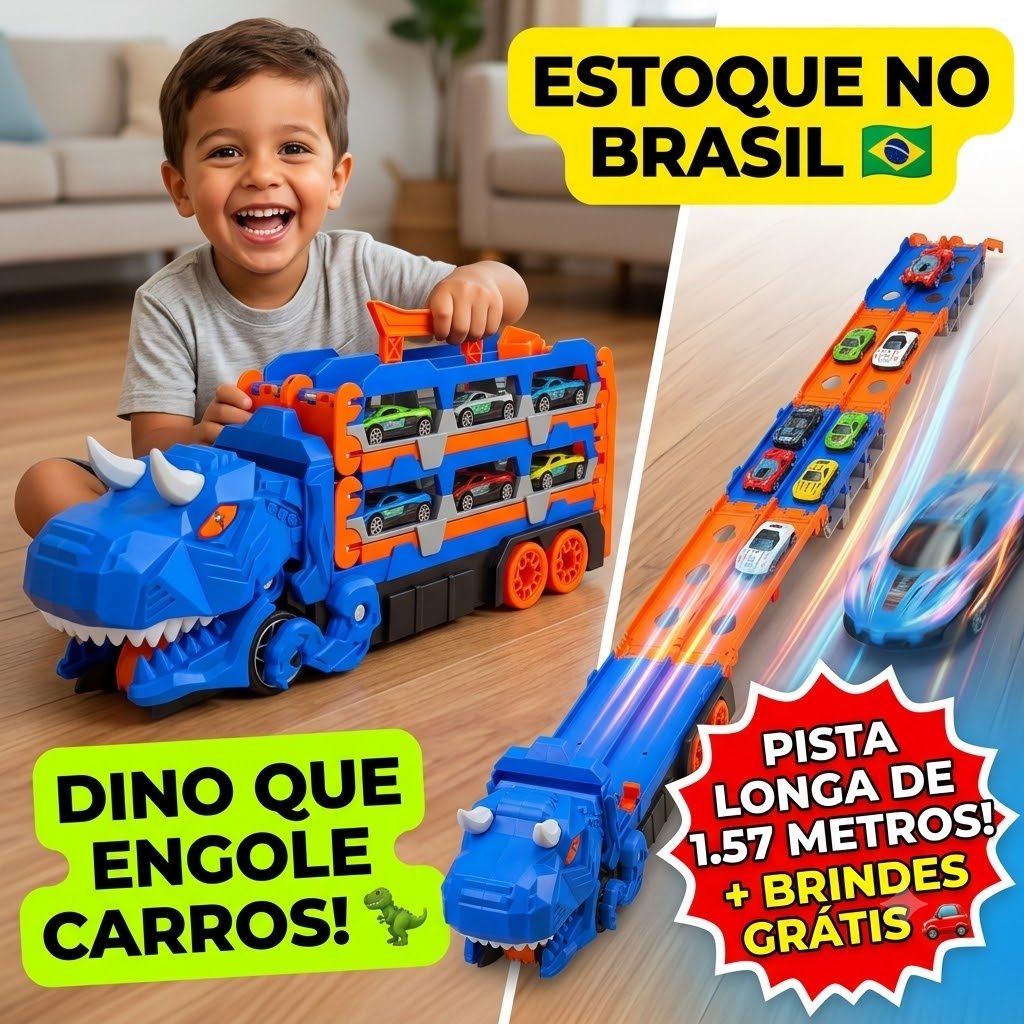 Caminhao Dinossauro 2 em 1 Vira Pista Longa 157cm Lançador Carrinho Transporte Brinquedos Meninos Infantil Dino Grande