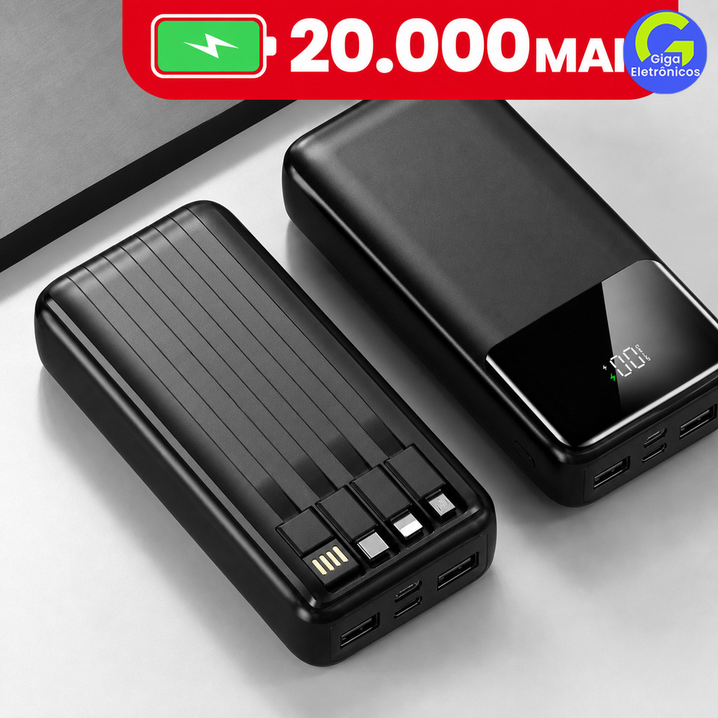 Power Bank 20000mAh com Visor Digital: Carregamento Ultra-Rápido e 4 Portas USB, Carregador Portátil
