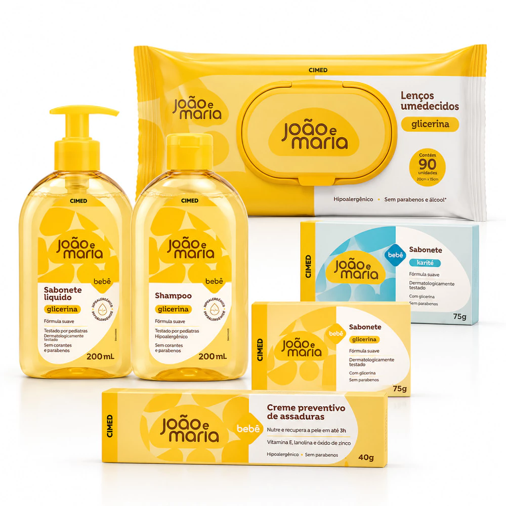Kit Bebe João e Maria 6 em 1 - Shampoo Sabonete 200ml Sabonete Barra 75 x2 Creme Assadura Lenço 90UN - CIMED