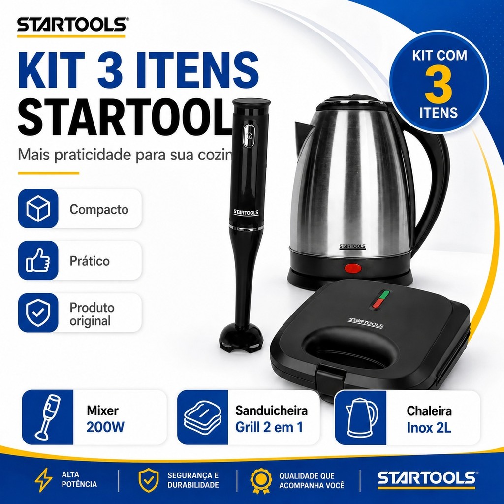 Kit Eletroportáteis Startools 3 em 1 Mixer de Mão Chaleira Elétrica 2 Litros Sanduicheira Antiaderente