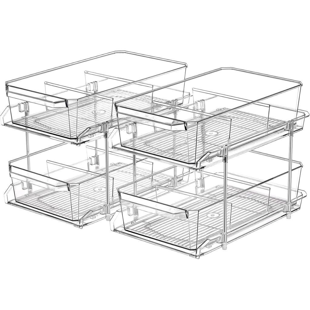 Conjunto de 2, Organizador Transparente de 2 Níveis com Divisórias para Armário, Prateleira, Balcão - Recipiente de Arma
