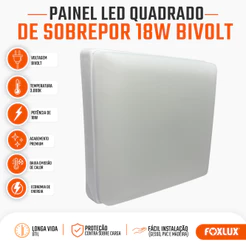 Painel LED Quadrado Sobrepor Foxlux 18W 3000K Branco Quente
