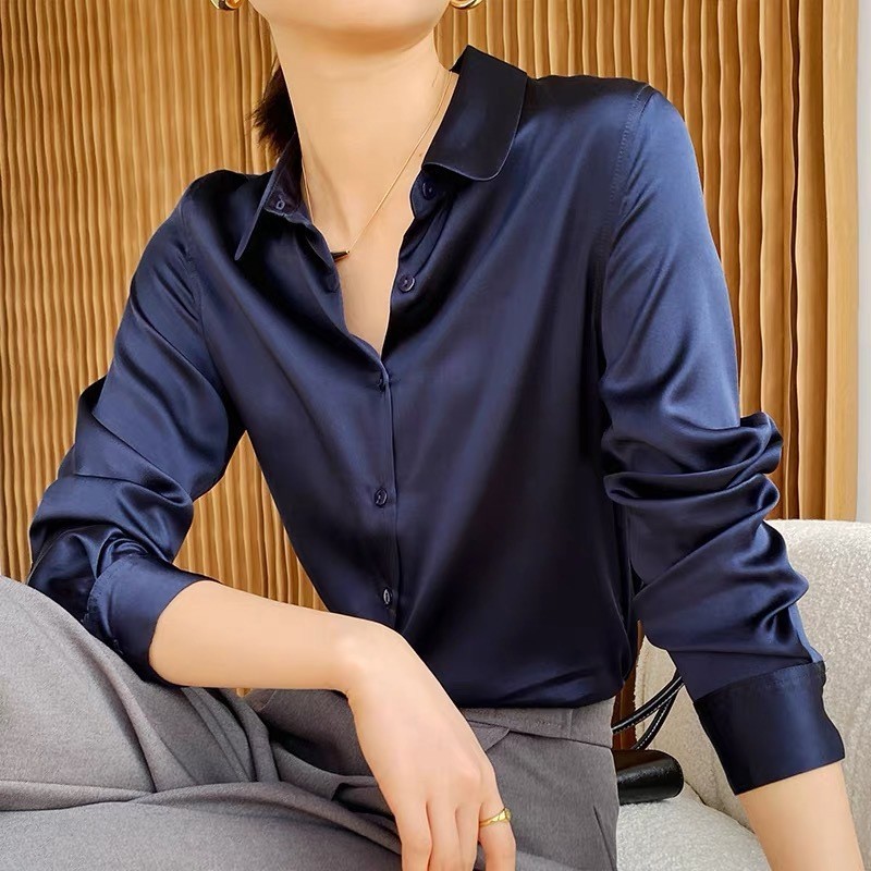 Camisa De Manga Comprida Cetim Sentir Anti-Rugas Versão Coreana Elegante Moda Feminina
