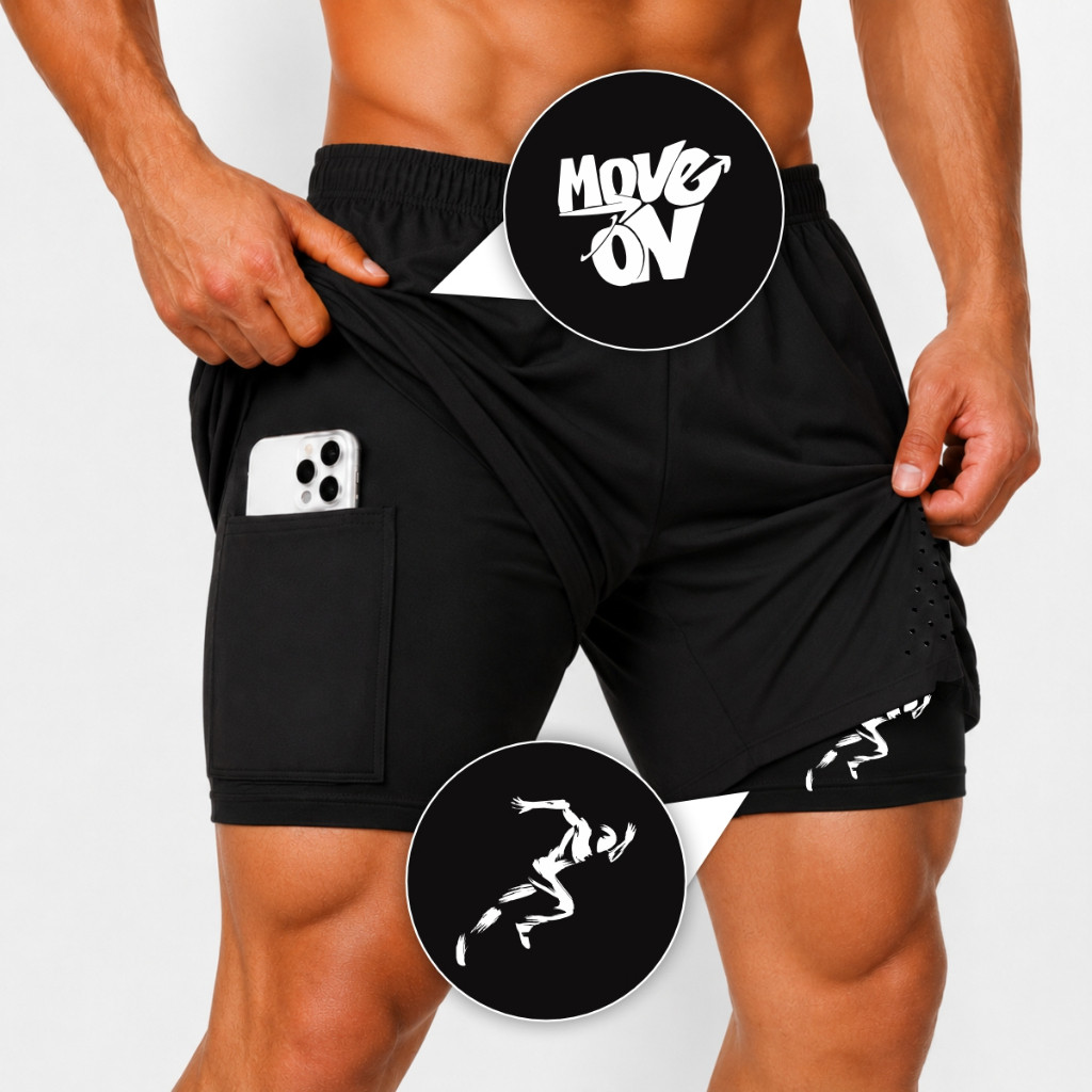 Bermuda Short Compressão Elastano  2 em 1 a Laser  MOVE ON Masculino Academia Treino Fitness Maromba Corrida