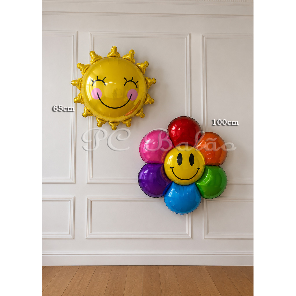 Kit 2 Balão Metalizado 1 FLOR COLORIDA MARGARIDA GRANDE + 1 SOL GRANDE DECORAÇÃO JARDIM ANIVERSÁRIO