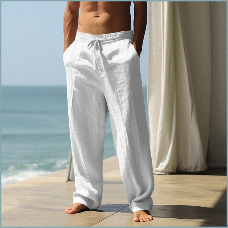 Calças esportivas casuais folgadas de verão para homem. Calças de linho respiráveis   e casuais.