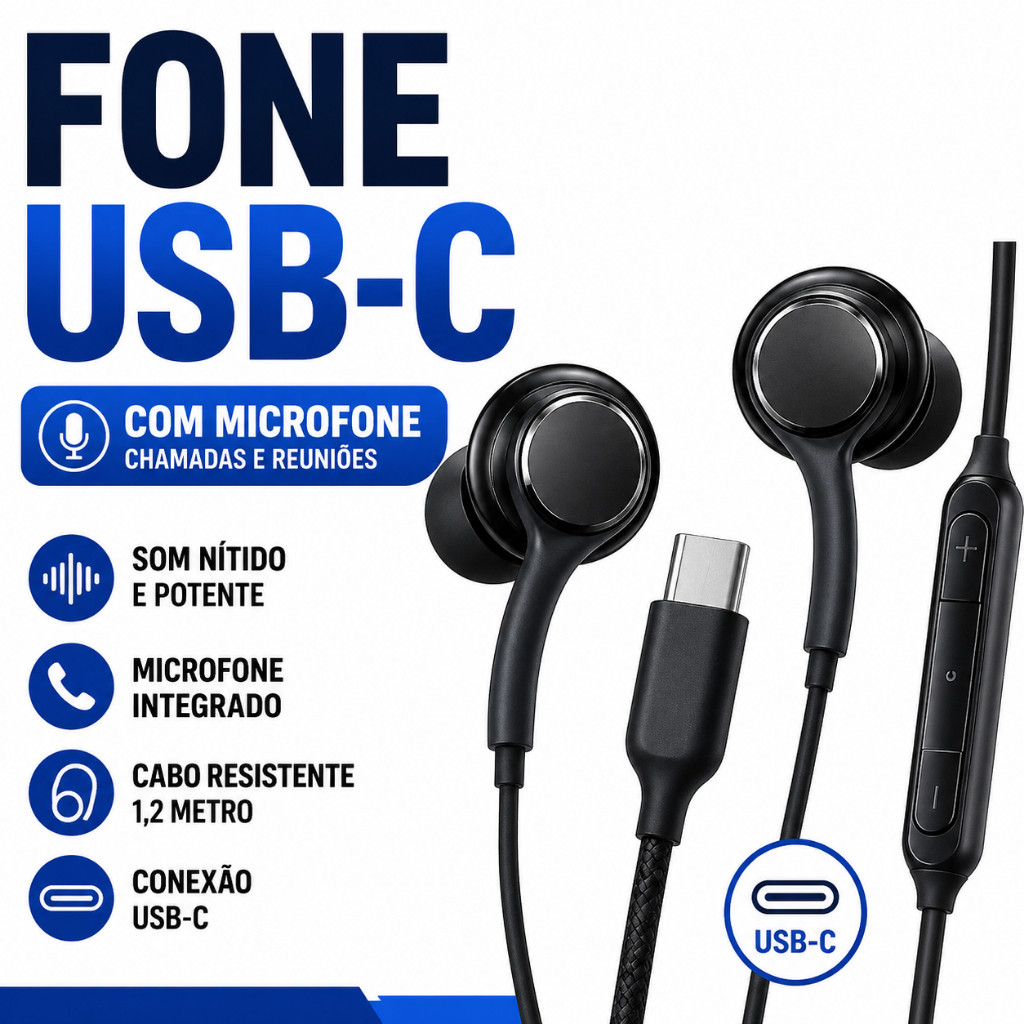 Fone de Ouvido Tipo C Samsung Galaxy USB-C S20 S21 S22 S23 S24 A54 M54
