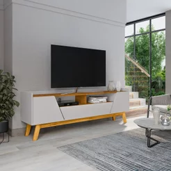 Rack para TV até 70 Polegadas MDF 180cm Pés em Madeira Maciça 2 Portas 1 Gaveta 2 Nichos Decor Branco Off