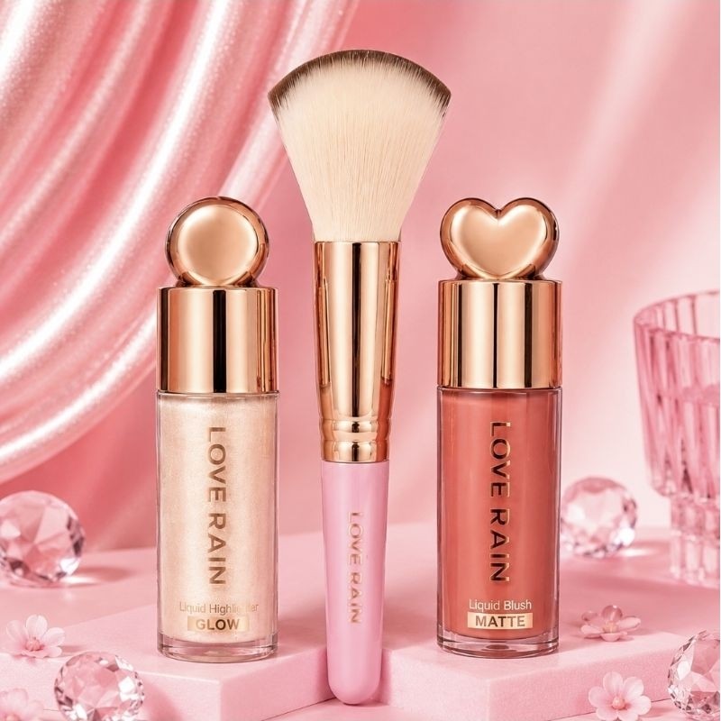 Kit Blush Líquido + Iluminador Líquido + Pincel Kabuki Love Rain Maquiagem Completa