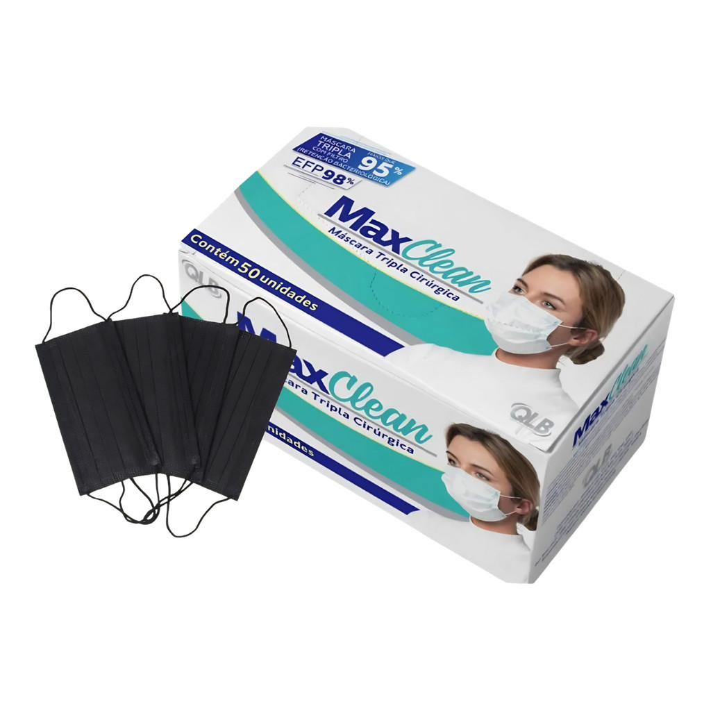 50 Máscaras Max Clean Tripla Preta Descartáveis