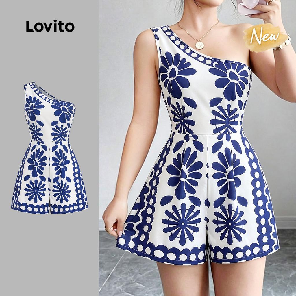 (New Arrival) Lovito Macacão Boho Assimétrico de Flores com Ombro À Mostra para