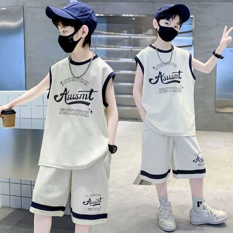Menino terno meninos 2026 verão novo estilo versão coreana crianças sem mangas camiseta basquete esportes lazer terno de