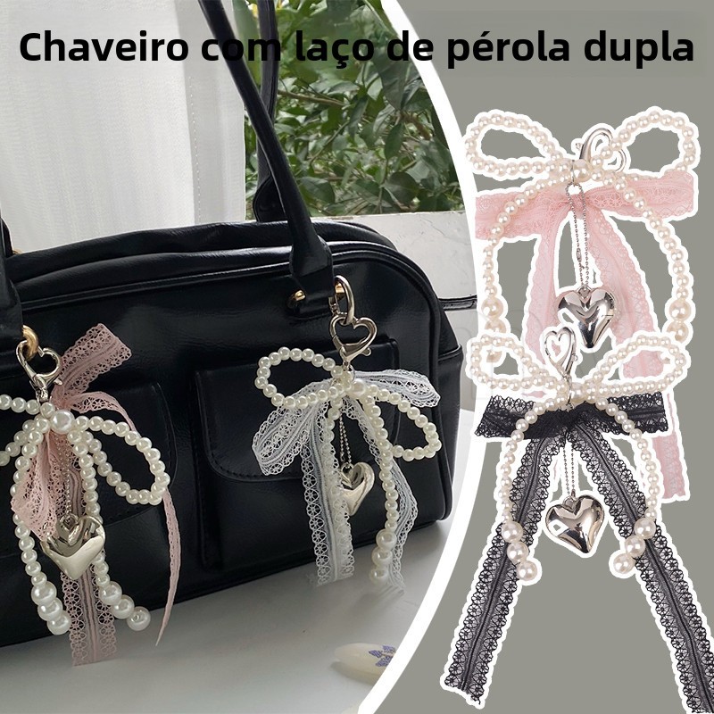 Chaveiro Com Laço De Pérola Dupla-Ornamento De Suspensão Y2K Para Menina-Corrente De Telefone De Renda Estilo Balé-Doce 
