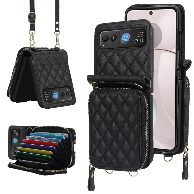 Capa De Telefone Com Bolsa De Cartão De Textura Rômbica De Boa Qualidade Cordão 