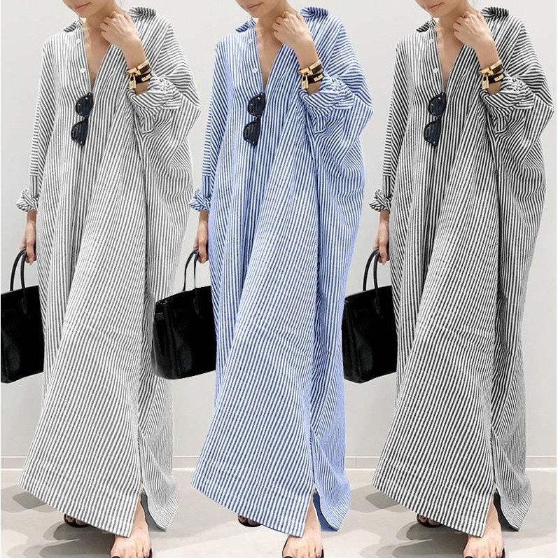 Novas roupas femininas mais vestido gordo solto listrado impresso moda roupas femininas plus Size saia longa Cardigan
