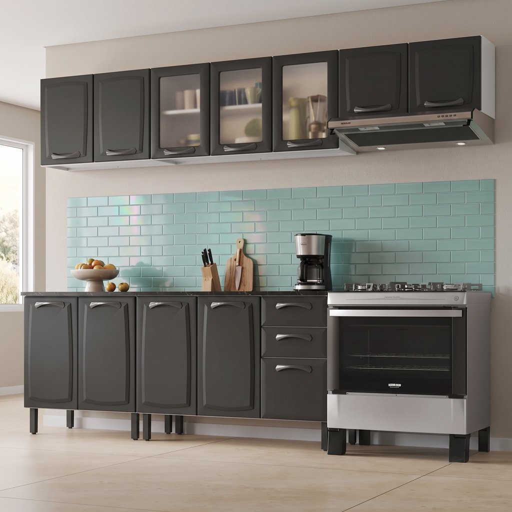 Cozinha Completa Modulada em Aço 5 Peças Balcão com Tampo New Premium Itatiaia Cinza Grafite/Branco