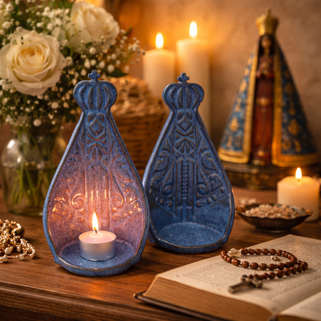Suporte de Vela Nossa Senhora Aparecida em Cerâmica Artesanal/Santinha/Padroeira do Brasil/Decoração